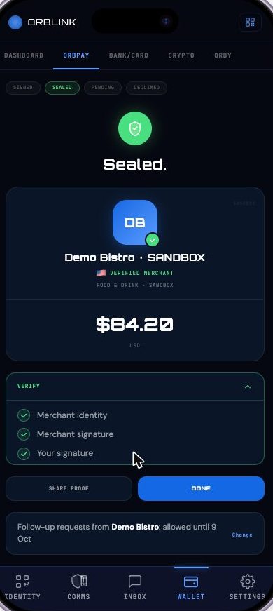 ORBPAY sealed receipt with offline verification